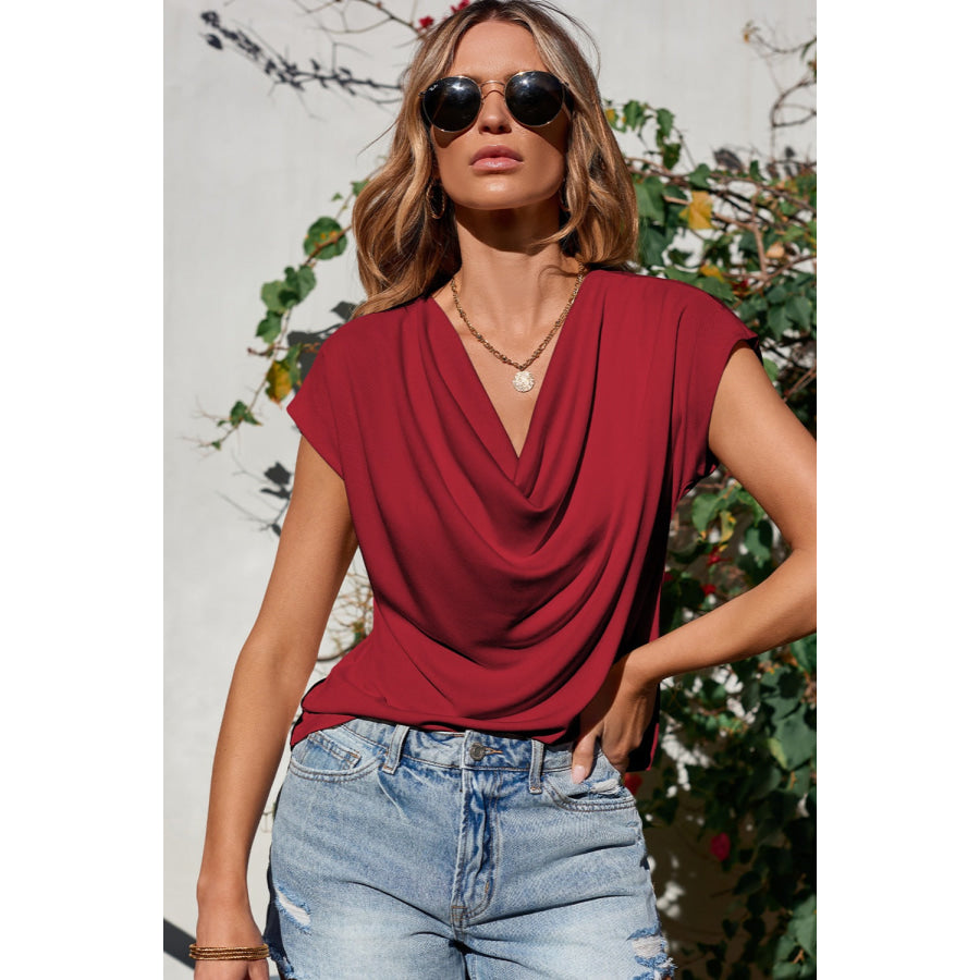 Cowl Neck Short Sleeve T - Shirt Brick Red / S Apparel and Accessories