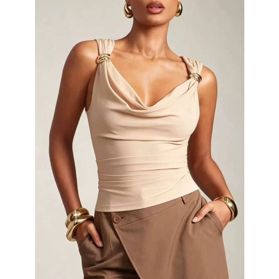 Cowl Neck Tank with Metal Ring Accents Apricot / S Apparel and Accessories