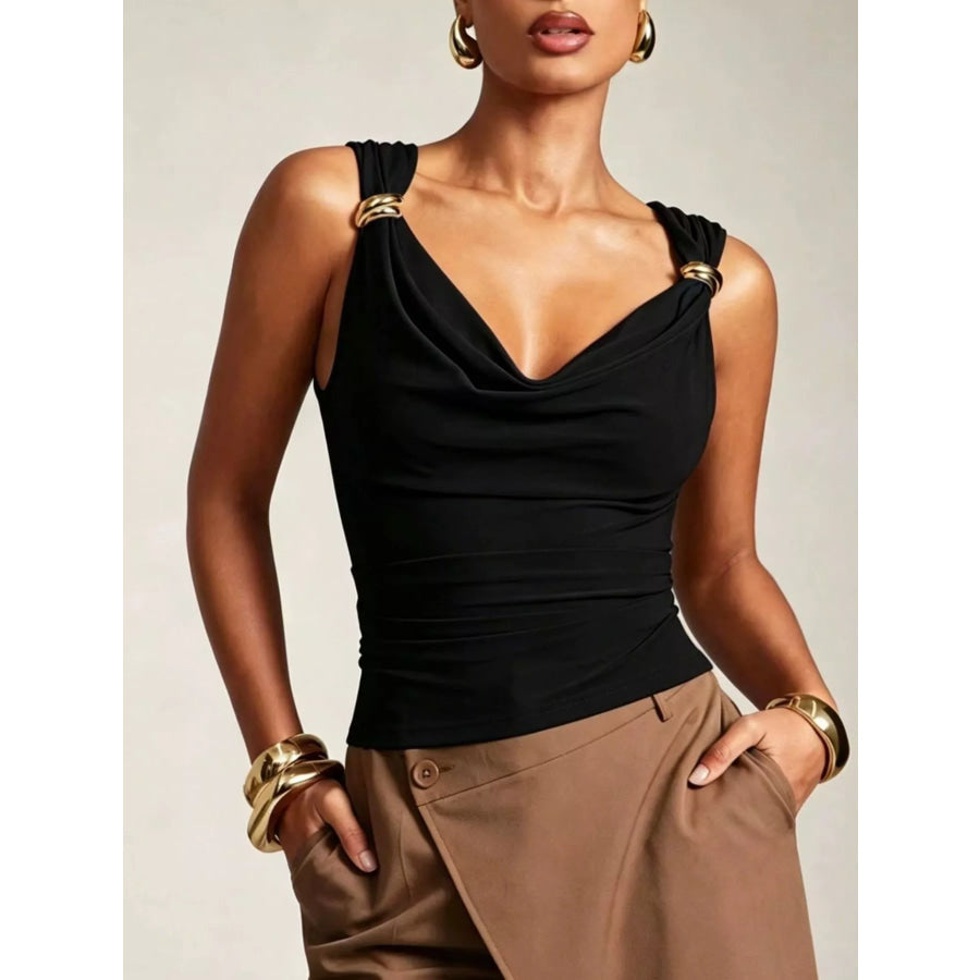 Cowl Neck Tank with Metal Ring Accents Black / S Apparel and Accessories