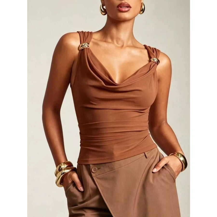 Cowl Neck Tank with Metal Ring Accents Light Brown / S Apparel and Accessories