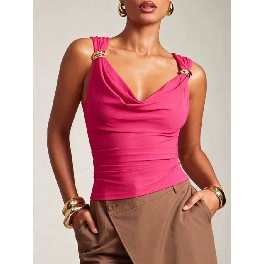 Cowl Neck Tank with Metal Ring Accents Rose Red / S Apparel and Accessories