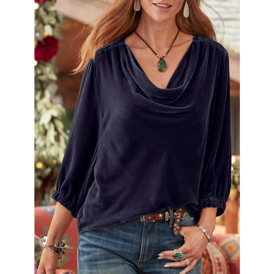 Cowl Neck Three-Quarter Sleeve Top Light Indigo / S Apparel and Accessories