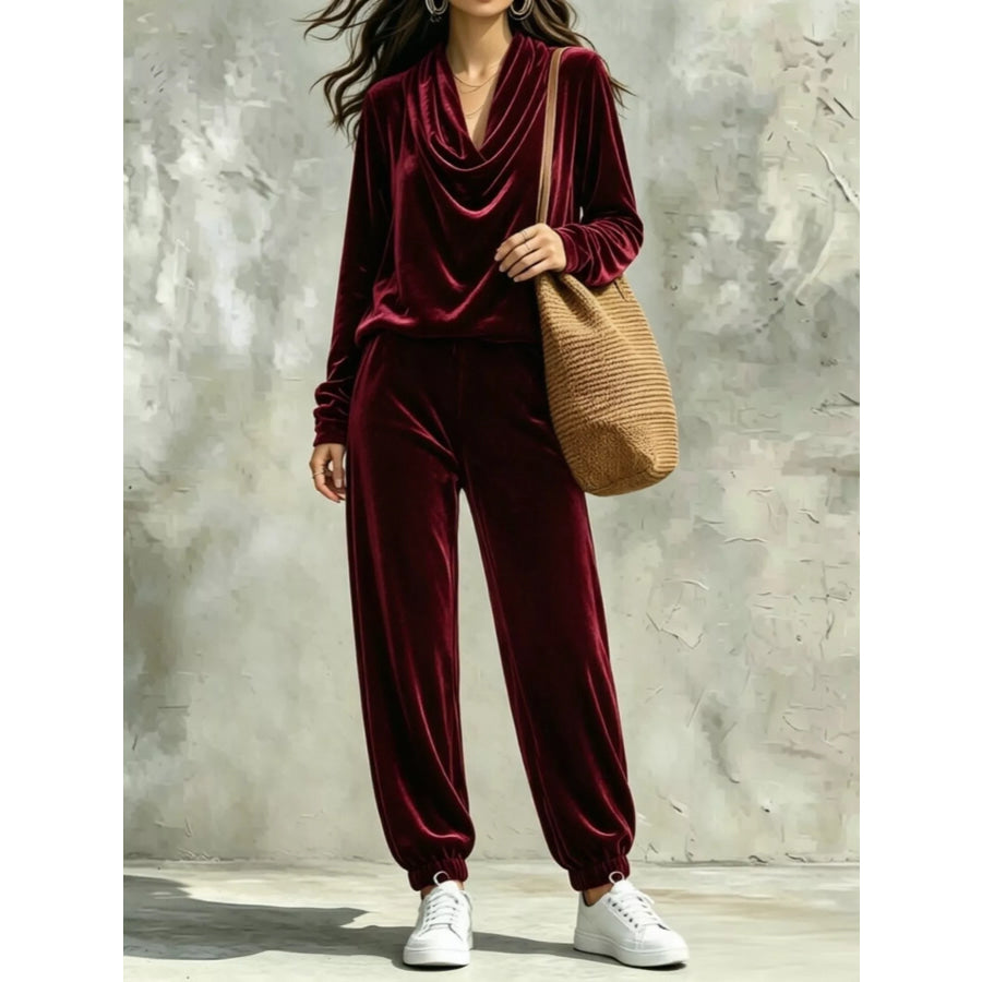 Cowl Neck Top and Joggers Set Burgundy / S Apparel and Accessories
