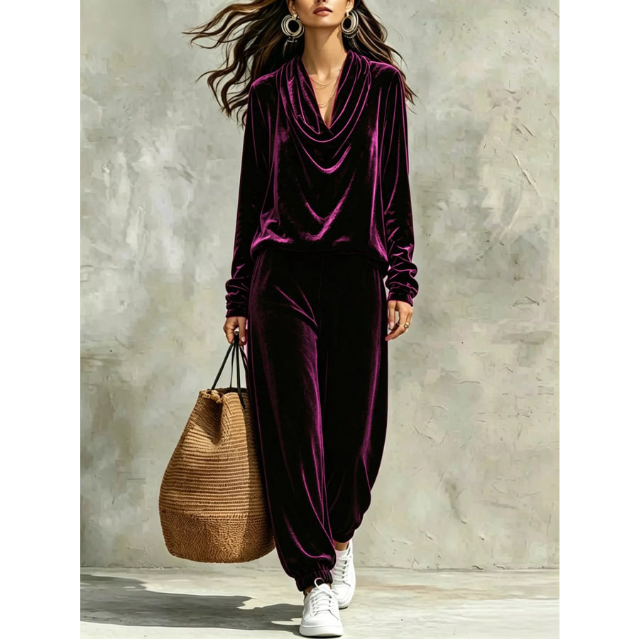 Cowl Neck Top and Joggers Set Purple / S Apparel and Accessories