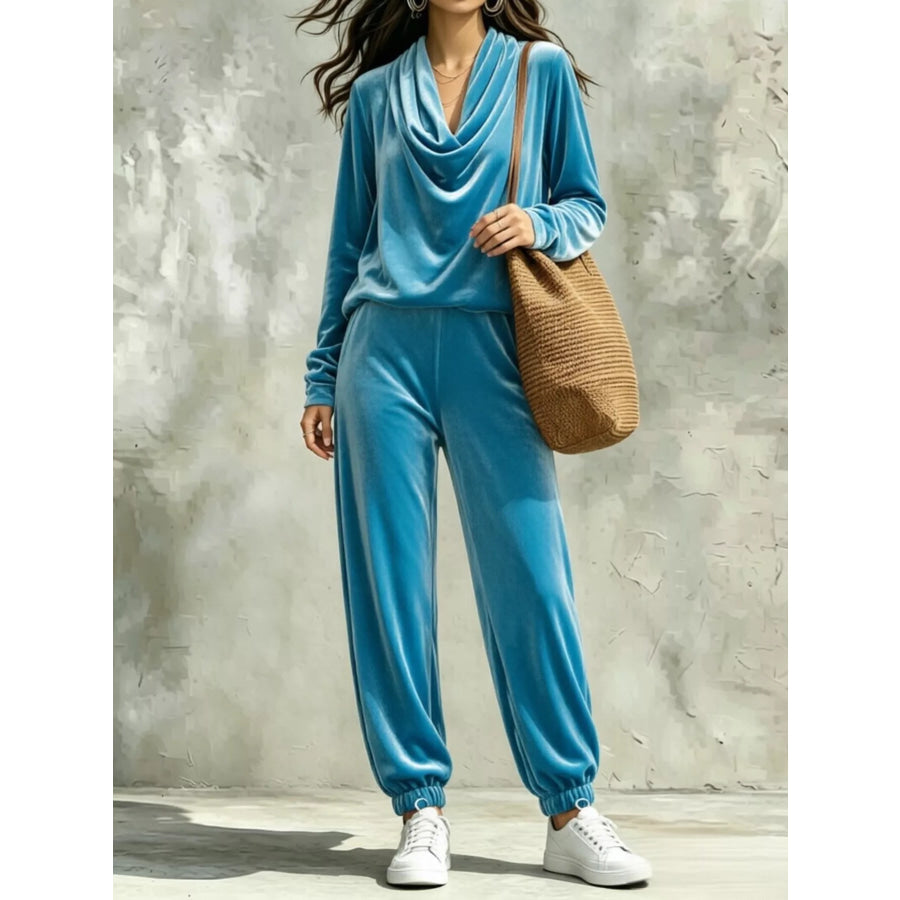 Cowl Neck Top and Joggers Set Sky Blue / S Apparel and Accessories