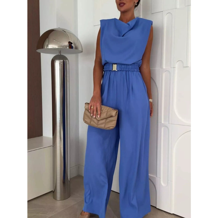 Cowl Neck Wide-Leg Jumpsuit Blue / S Apparel and Accessories