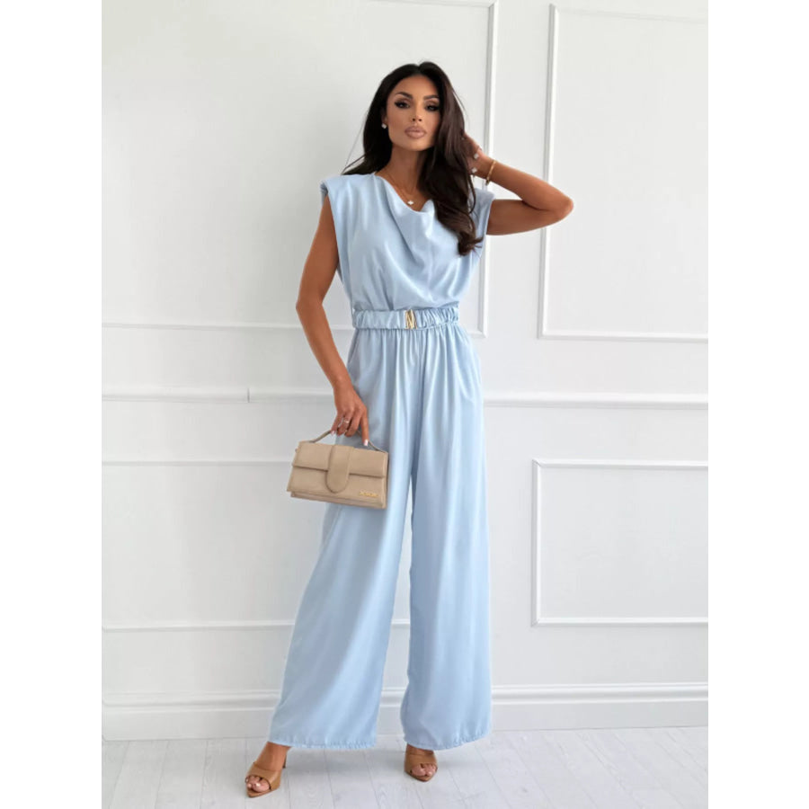 Cowl Neck Wide-Leg Jumpsuit Light Blue / S Apparel and Accessories