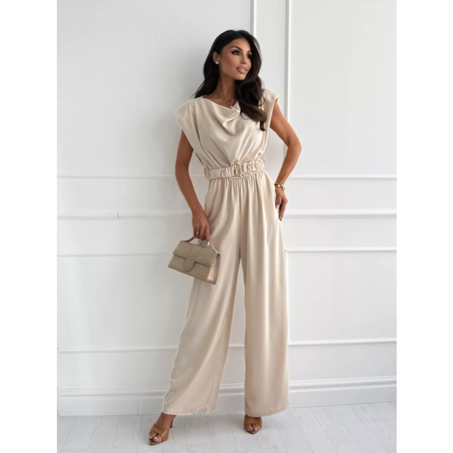 Cowl Neck Wide-Leg Jumpsuit Tan / S Apparel and Accessories