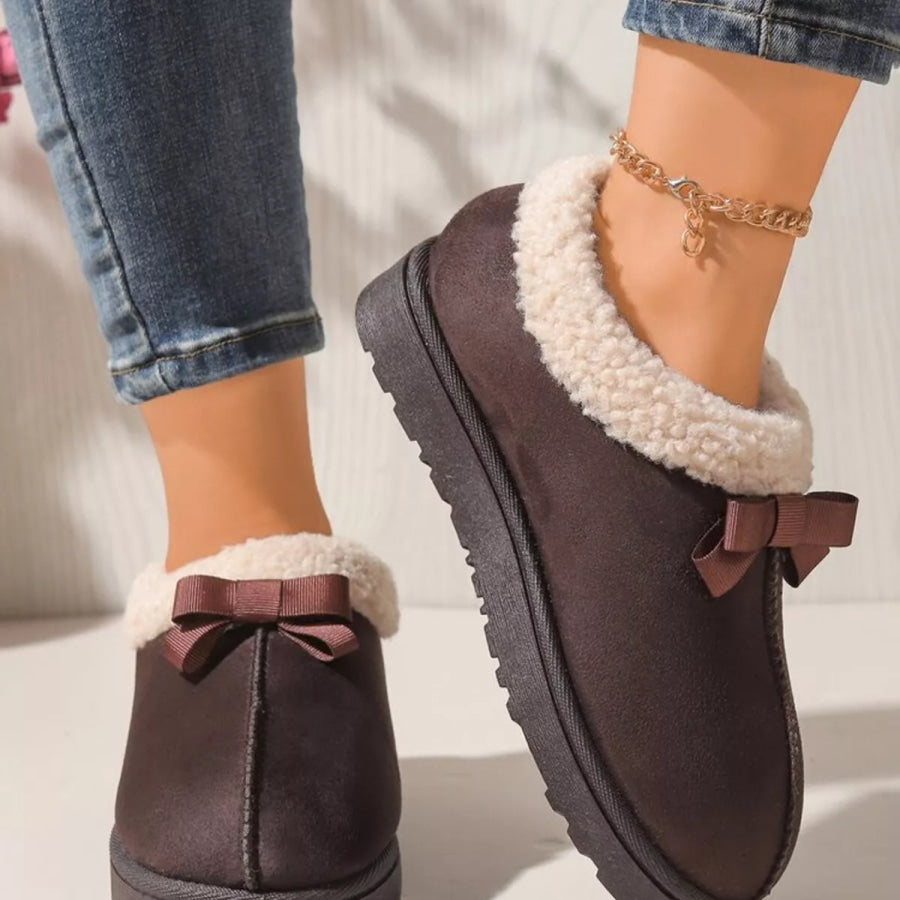 Cozy Bowknot Plush Lined Slip-Ons Apparel and Accessories