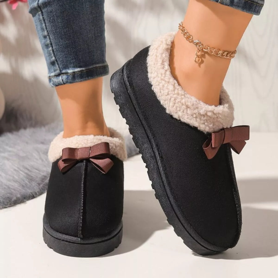 Cozy Bowknot Plush Lined Slip-Ons Black / 36 Apparel and Accessories