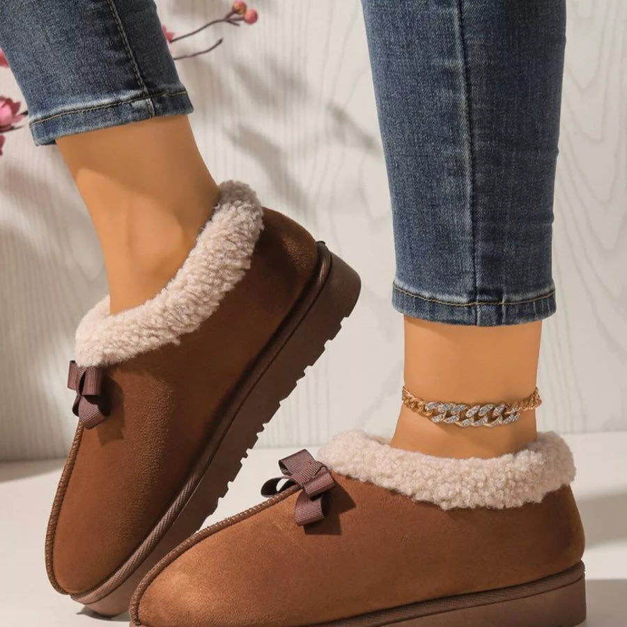 Cozy Bowknot Plush Lined Slip-Ons Apparel and Accessories