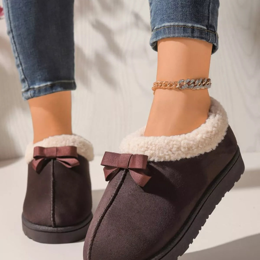 Cozy Bowknot Plush Lined Slip-Ons Apparel and Accessories