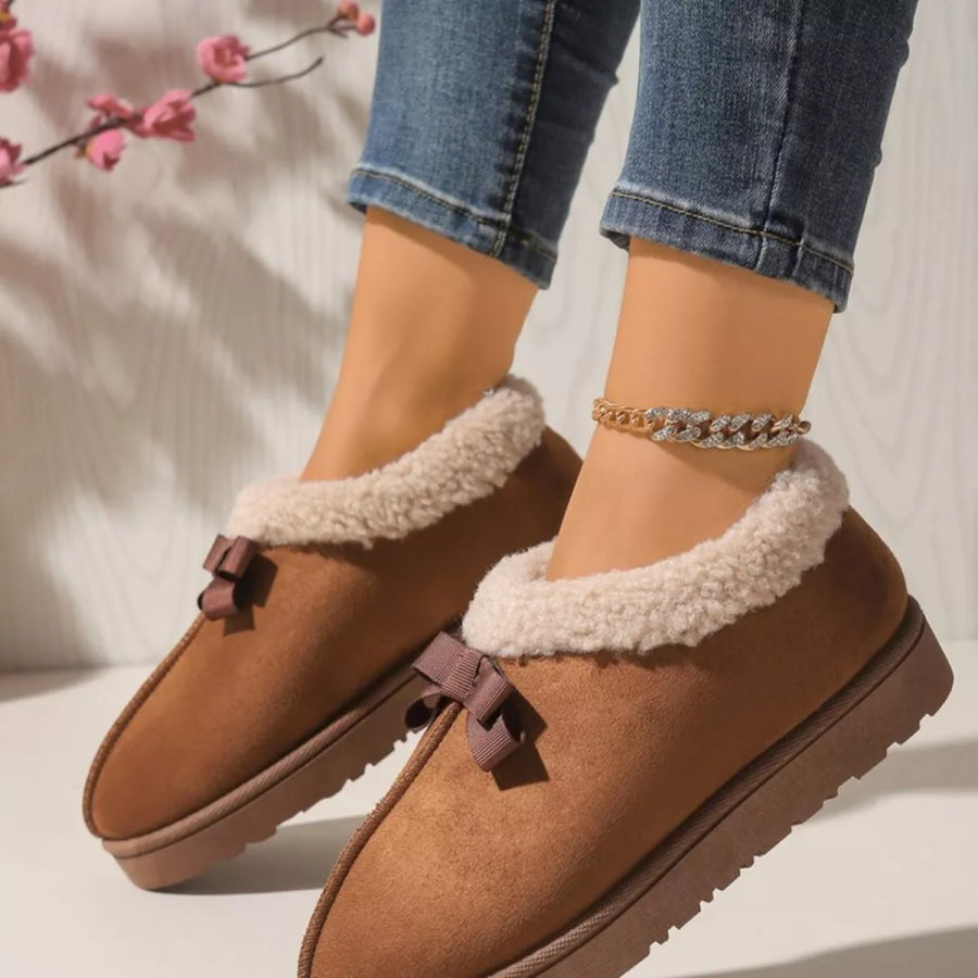 Cozy Bowknot Plush Lined Slip-Ons Apparel and Accessories