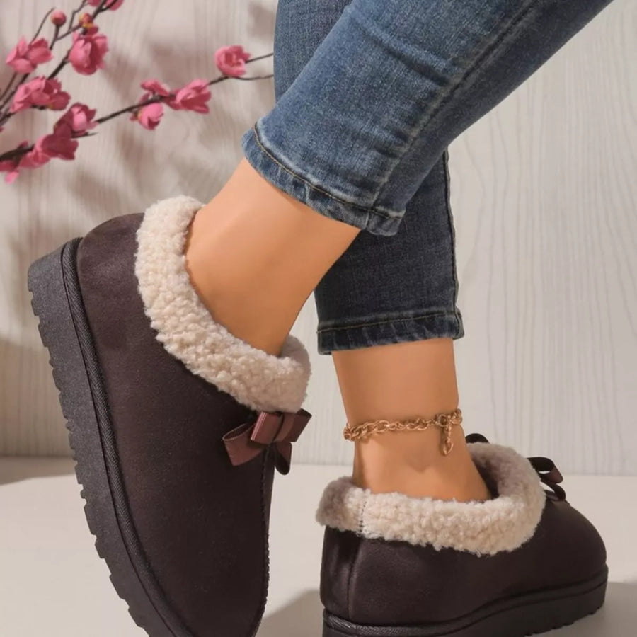 Cozy Bowknot Plush Lined Slip-Ons Apparel and Accessories