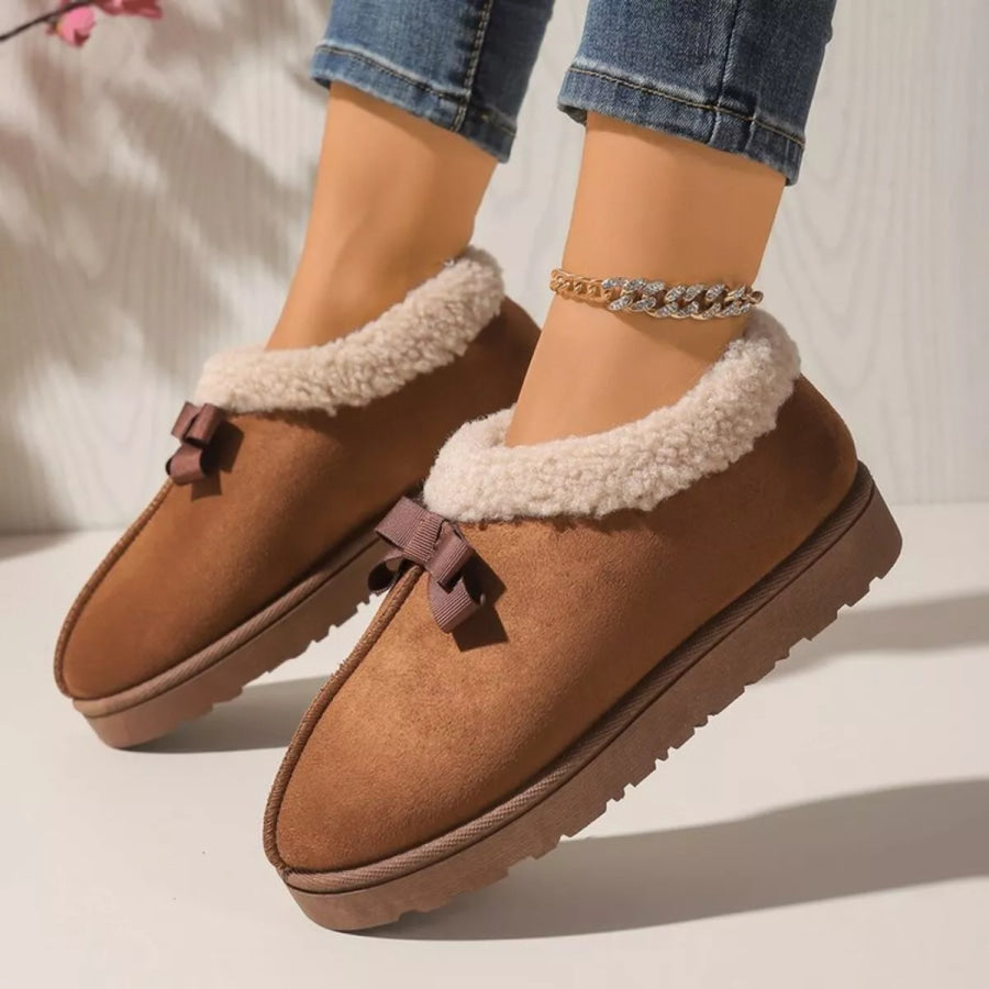 Cozy Bowknot Plush Lined Slip-Ons Brown / 36 Apparel and Accessories