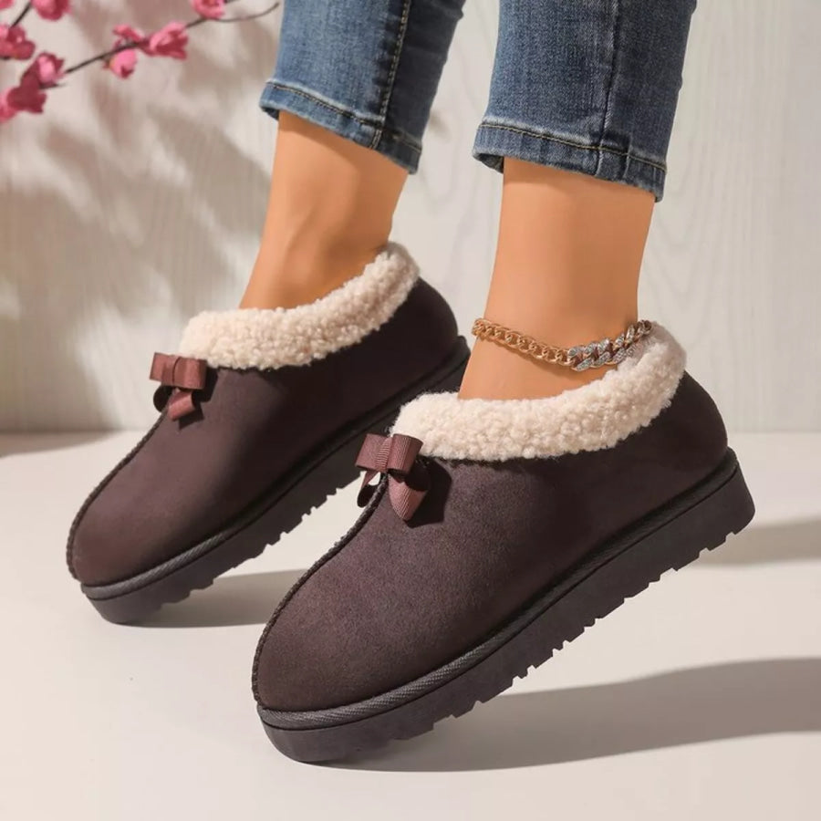 Cozy Bowknot Plush Lined Slip-Ons Coffee Brown / 36 Apparel and Accessories