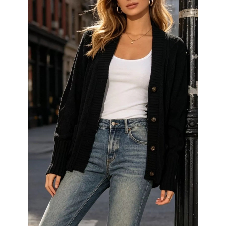 Cozy Cable Knit Button-Up Cardigan Black / S Apparel and Accessories