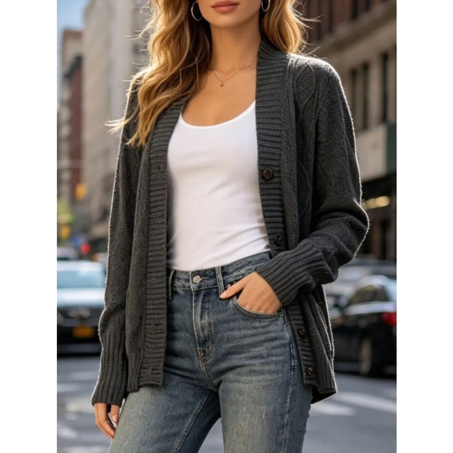 Cozy Cable Knit Button-Up Cardigan Gray / S Apparel and Accessories