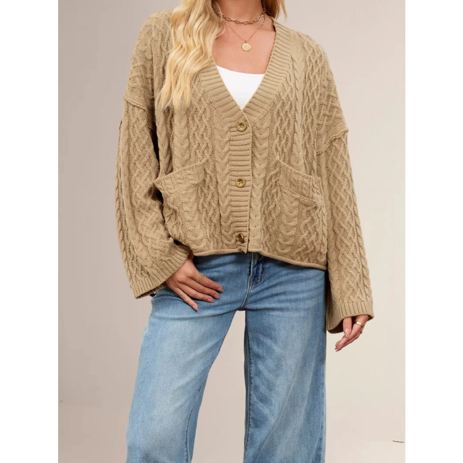 Cozy Cable Knit Cardigan with Pockets Khaki Color / S Apparel and Accessories