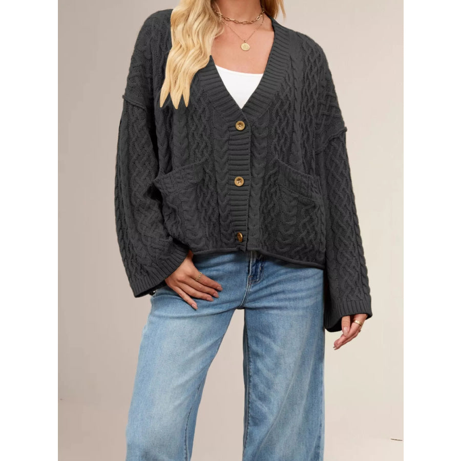 Cozy Cable Knit Cardigan with Pockets Black / S Apparel and Accessories
