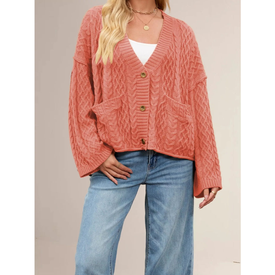 Cozy Cable Knit Cardigan with Pockets Watermelon Red / S Apparel and Accessories