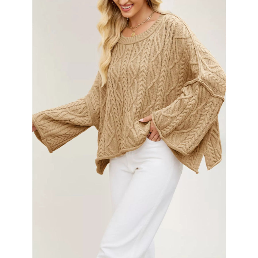 Cozy Cable Knit Drop Shoulder Oversize Sweater Khaki / S Apparel and Accessories