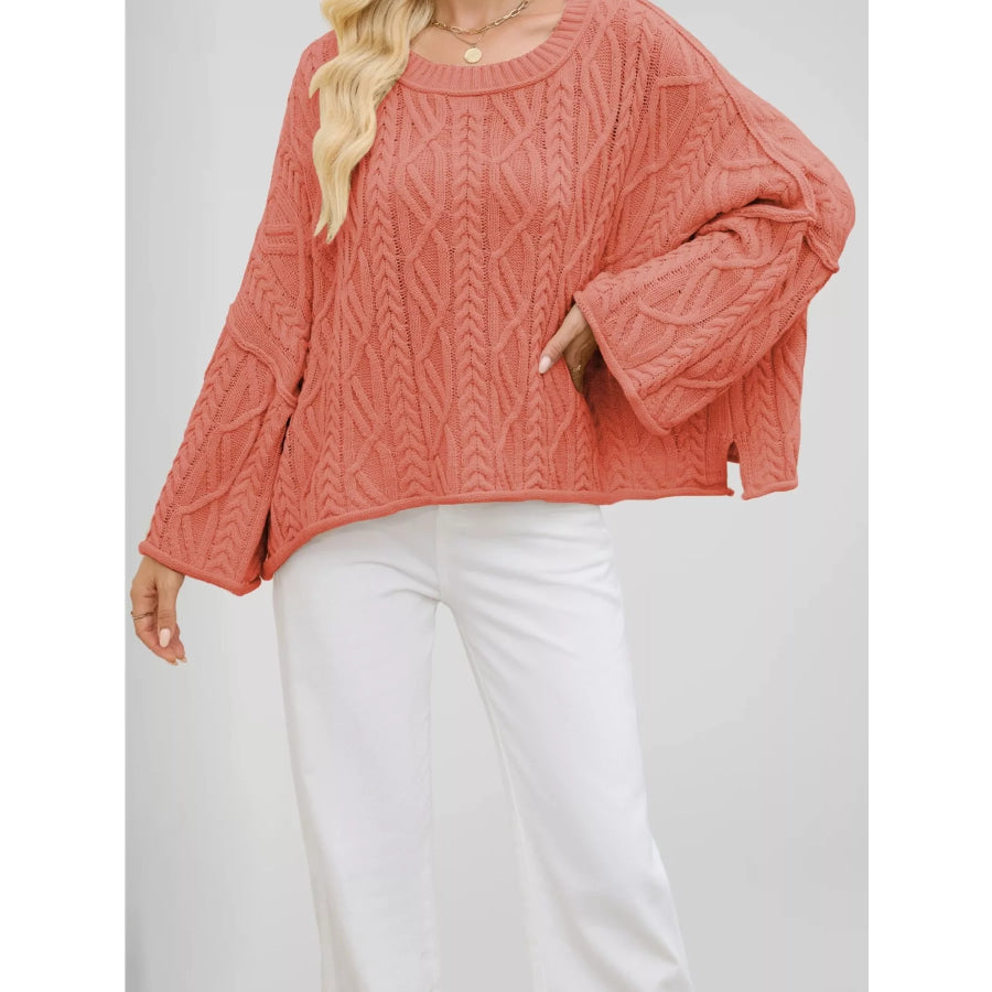 Cozy Cable Knit Drop Shoulder Oversize Sweater Watermelon Red / S Apparel and Accessories