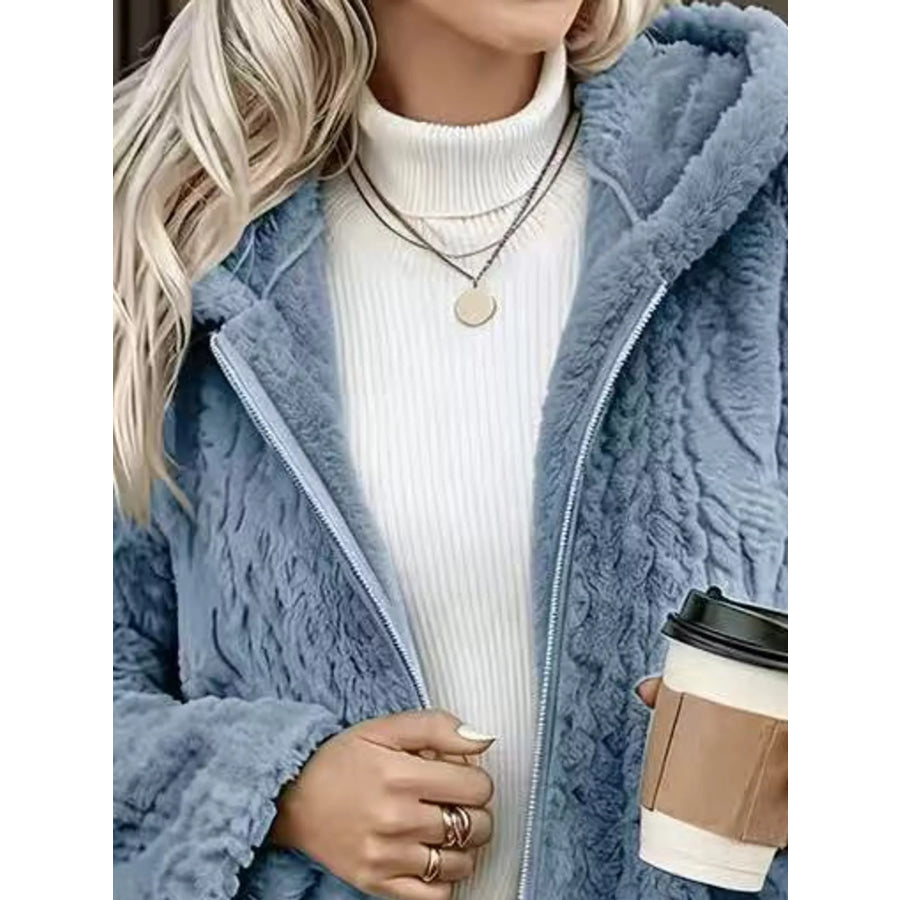 Cozy Faux Fur Hooded Zip-Up Outerwear Apparel and Accessories