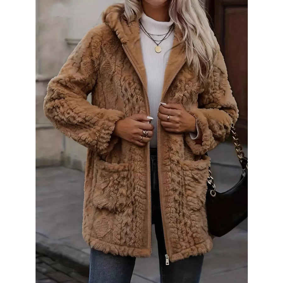 Cozy Faux Fur Hooded Zip-Up Outerwear Apparel and Accessories