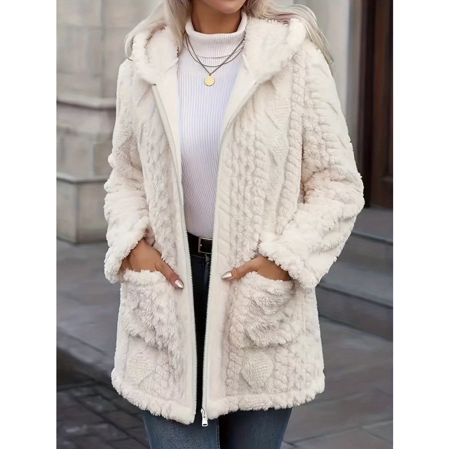Cozy Faux Fur Hooded Zip-Up Outerwear Apparel and Accessories