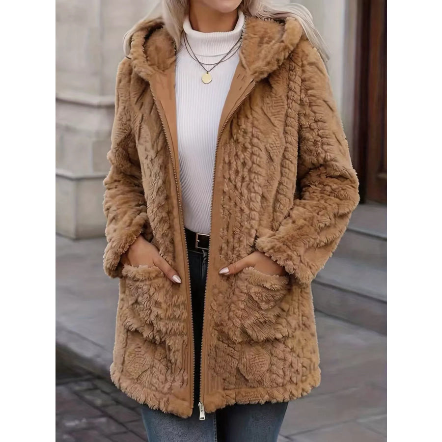 Cozy Faux Fur Hooded Zip-Up Outerwear Dark Brown / S Apparel and Accessories