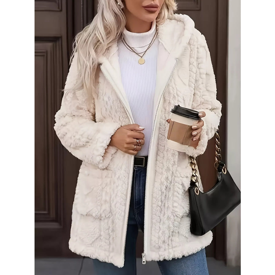 Cozy Faux Fur Hooded Zip-Up Outerwear Ivory / S Apparel and Accessories