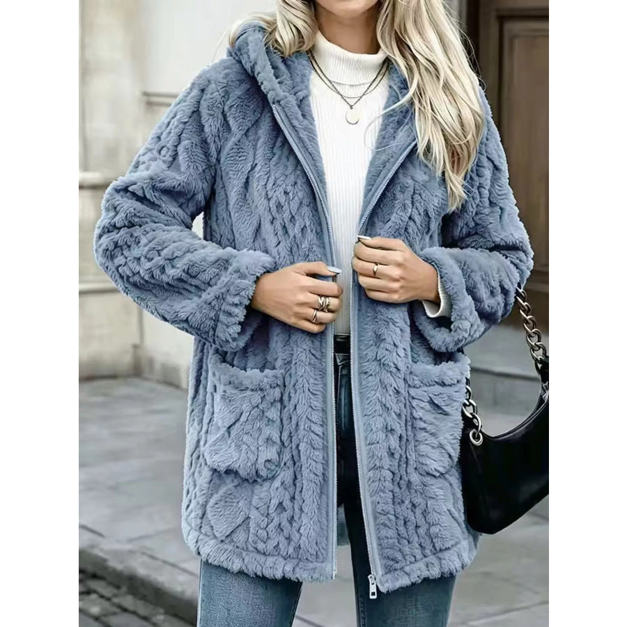 Cozy Faux Fur Hooded Zip-Up Outerwear Ocean Blue / S Apparel and Accessories