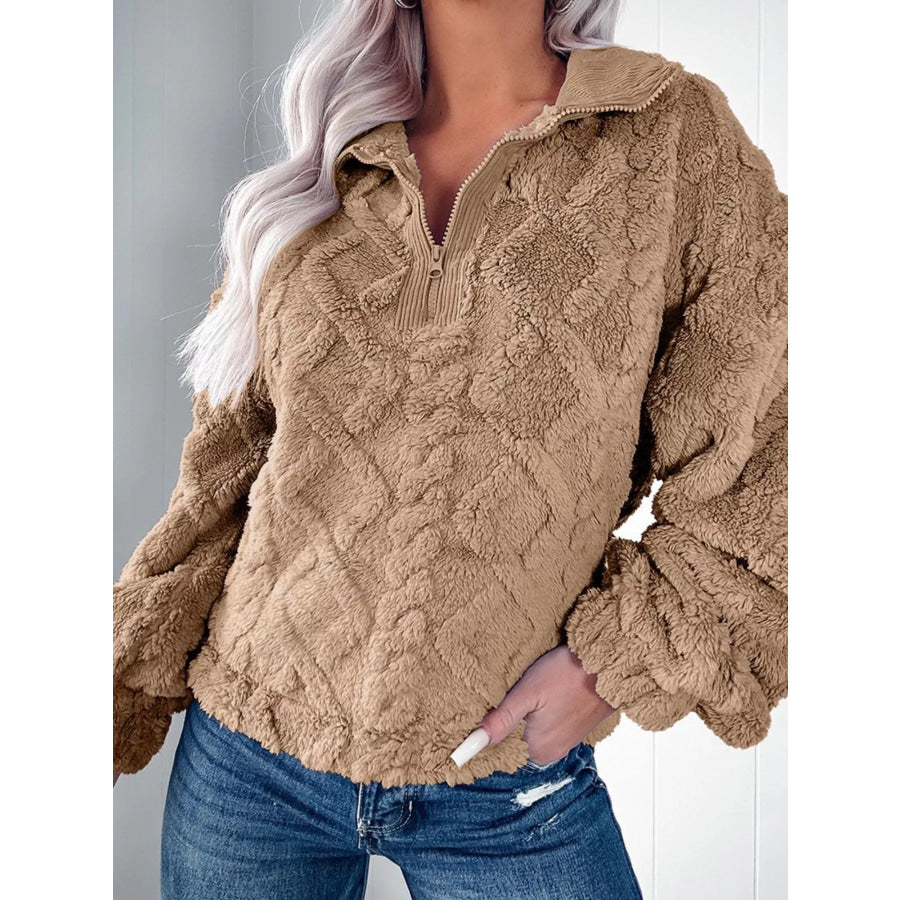 Cozy Fleece Quarter Zip Sweatshirt Khaki / S Apparel and Accessories