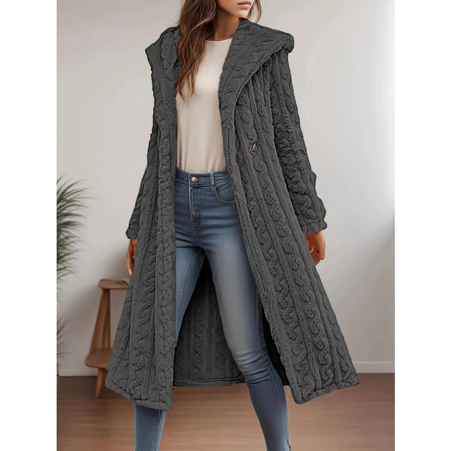 Cozy Hooded Button Up Longline Outerwear Apparel and Accessories
