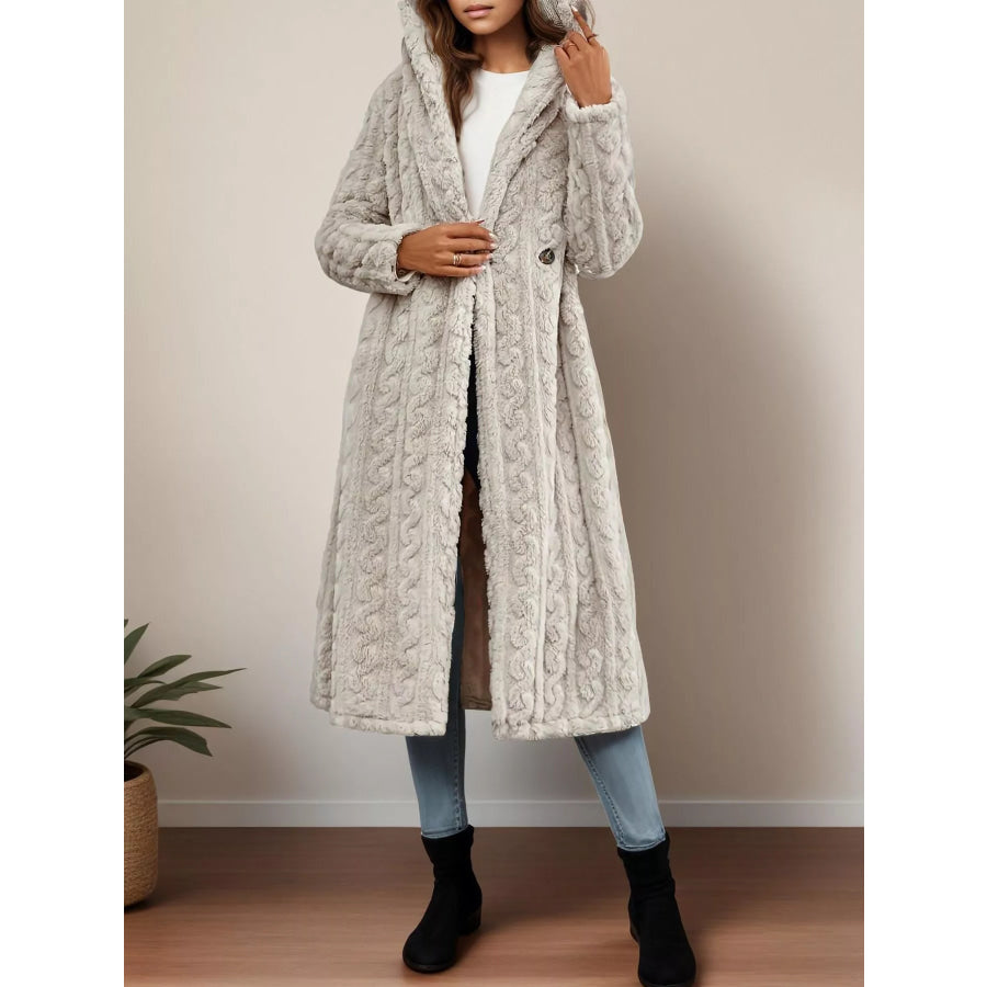 Cozy Hooded Button Up Longline Outerwear Apricot / S Apparel and Accessories