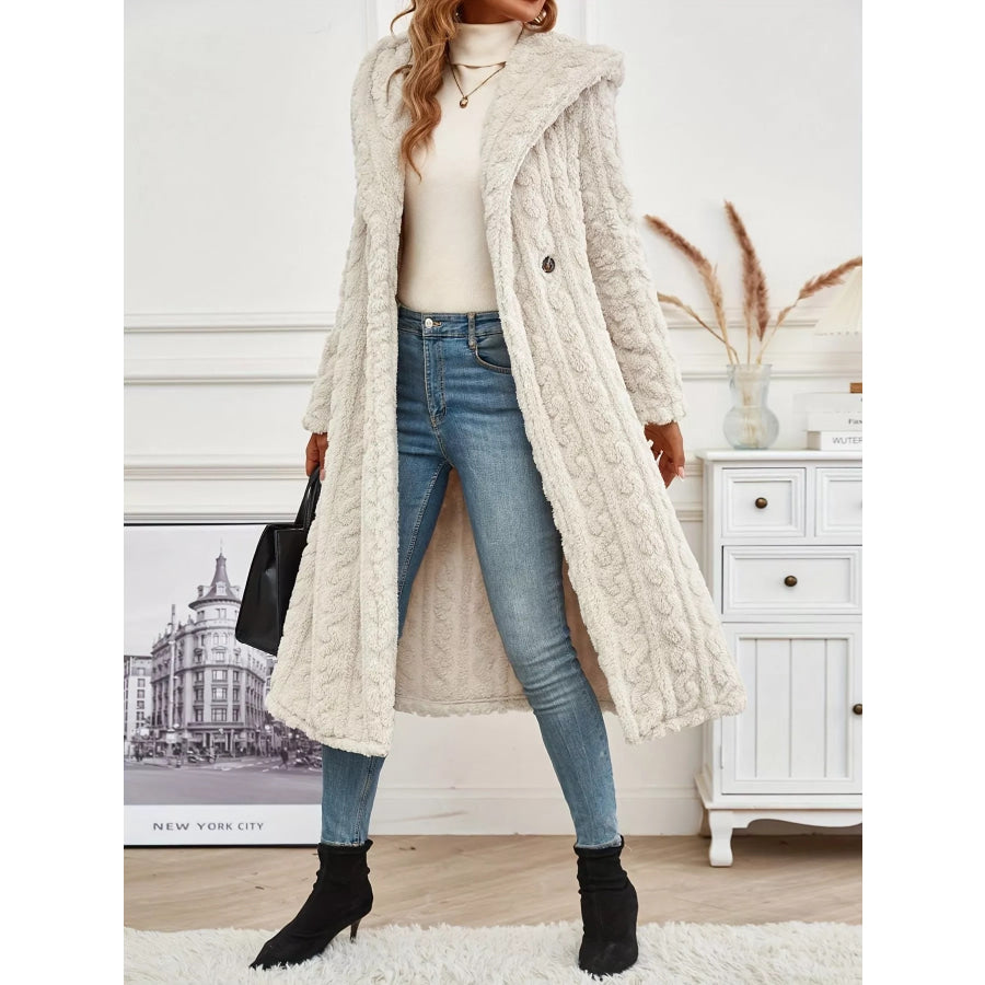 Cozy Hooded Button Up Longline Outerwear Off-white / S Apparel and Accessories