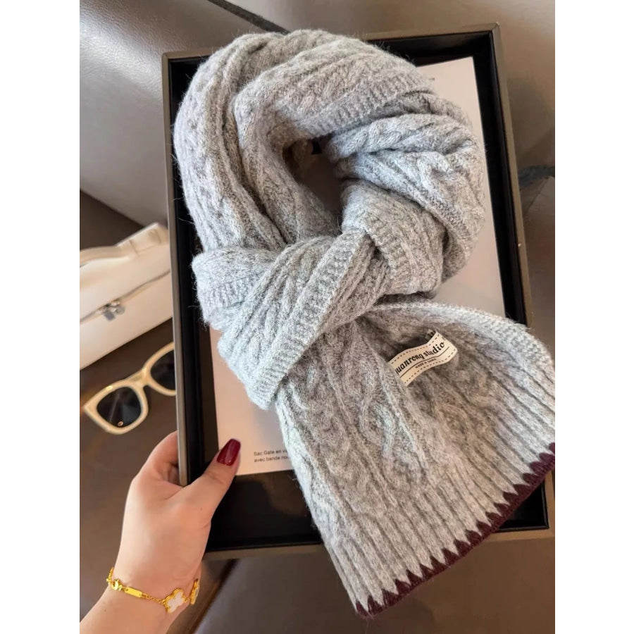 Cozy Knitted Cable-Knit Scarf with Contrast Trim Light Gray / ONESIZE Apparel and Accessories