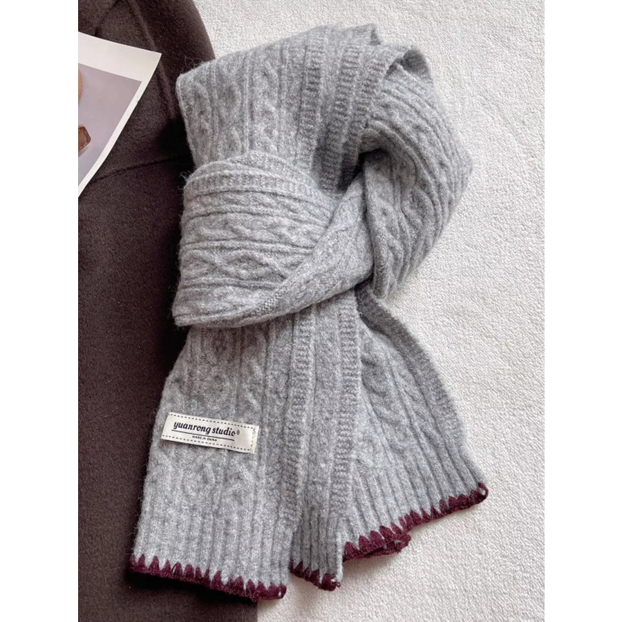Cozy Knitted Cable-Knit Scarf with Contrast Trim Light Gray / ONESIZE Apparel and Accessories
