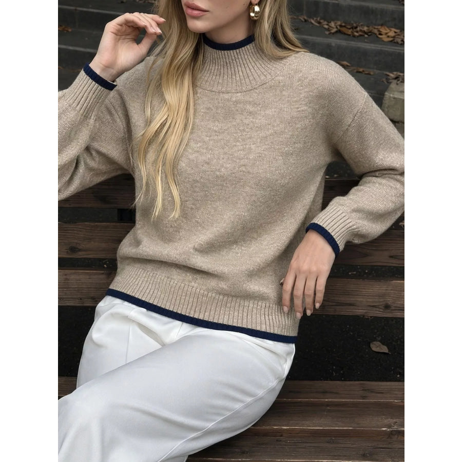 Cozy Mock Neck Sweater with Contrast Trim Apparel and Accessories