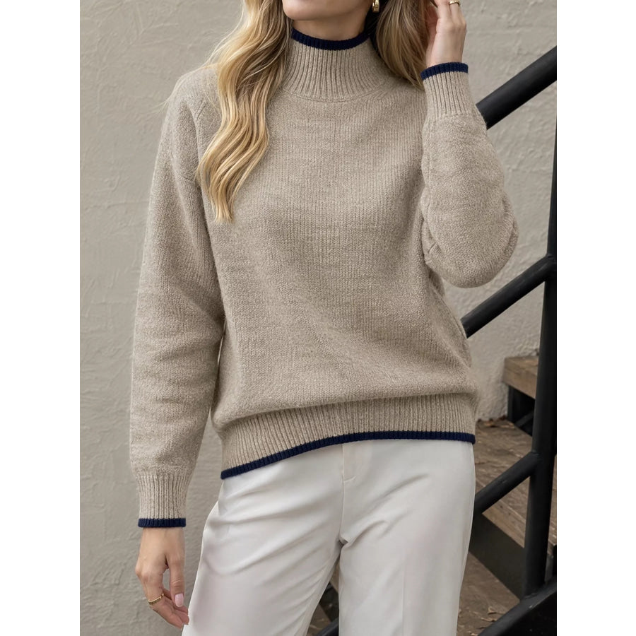 Cozy Mock Neck Sweater with Contrast Trim Khaki / S Apparel and Accessories