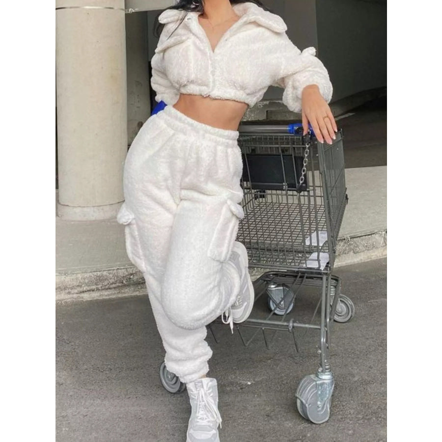 Cozy Plush Crop Top and Cargo Pants Set White / S Apparel and Accessories