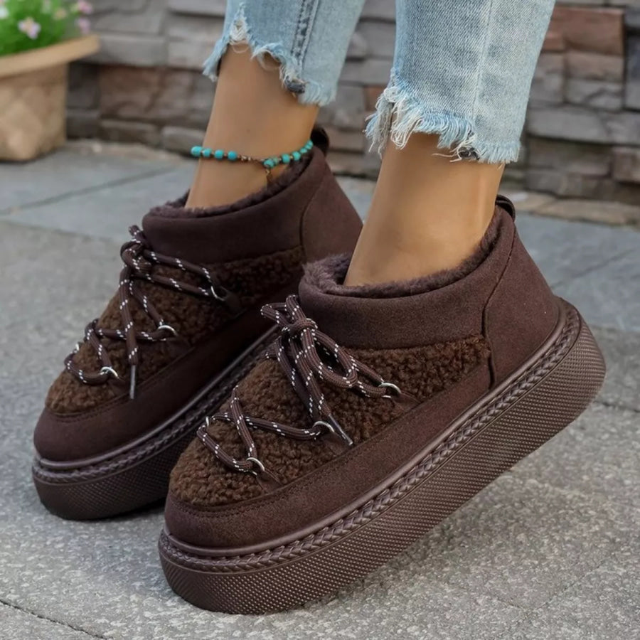 Cozy Plush Lined Lace-Up Platform Winter Boots Apparel and Accessories