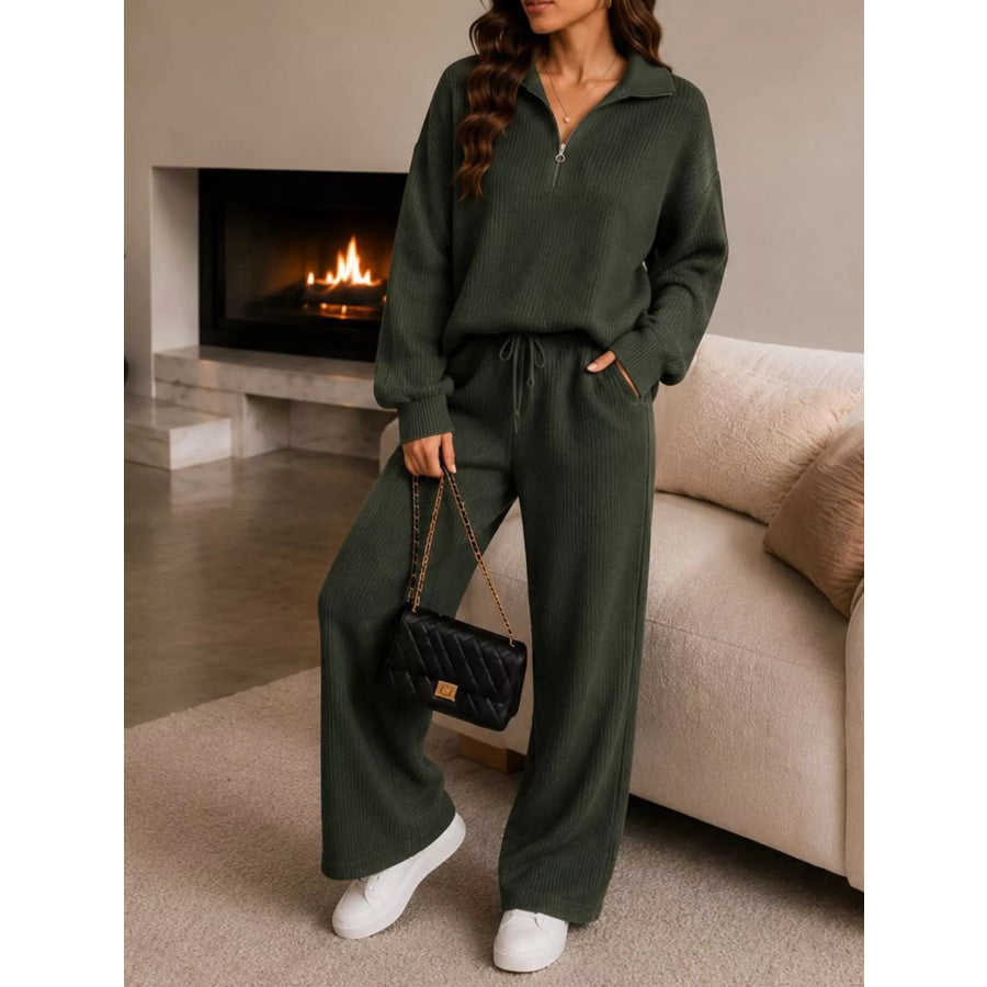 Cozy Ribbed Knit Quarter-Zip Top and Wide-Leg Set Black Forest / S