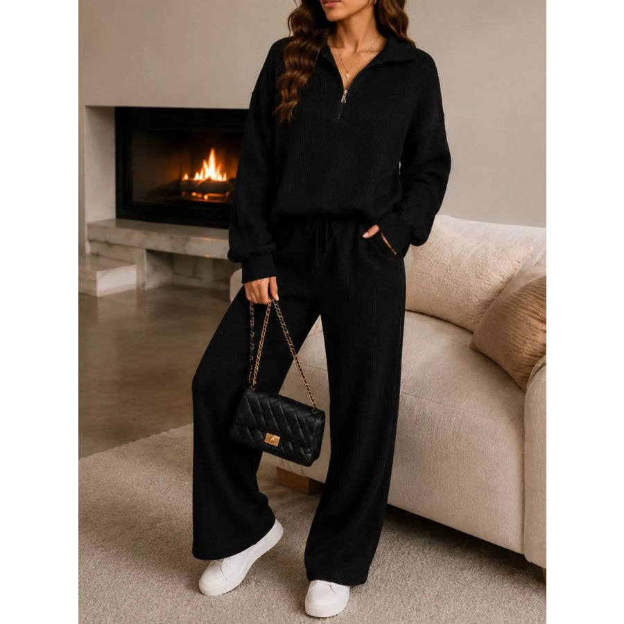 Cozy Ribbed Knit Quarter-Zip Top and Wide-Leg Set Black / S