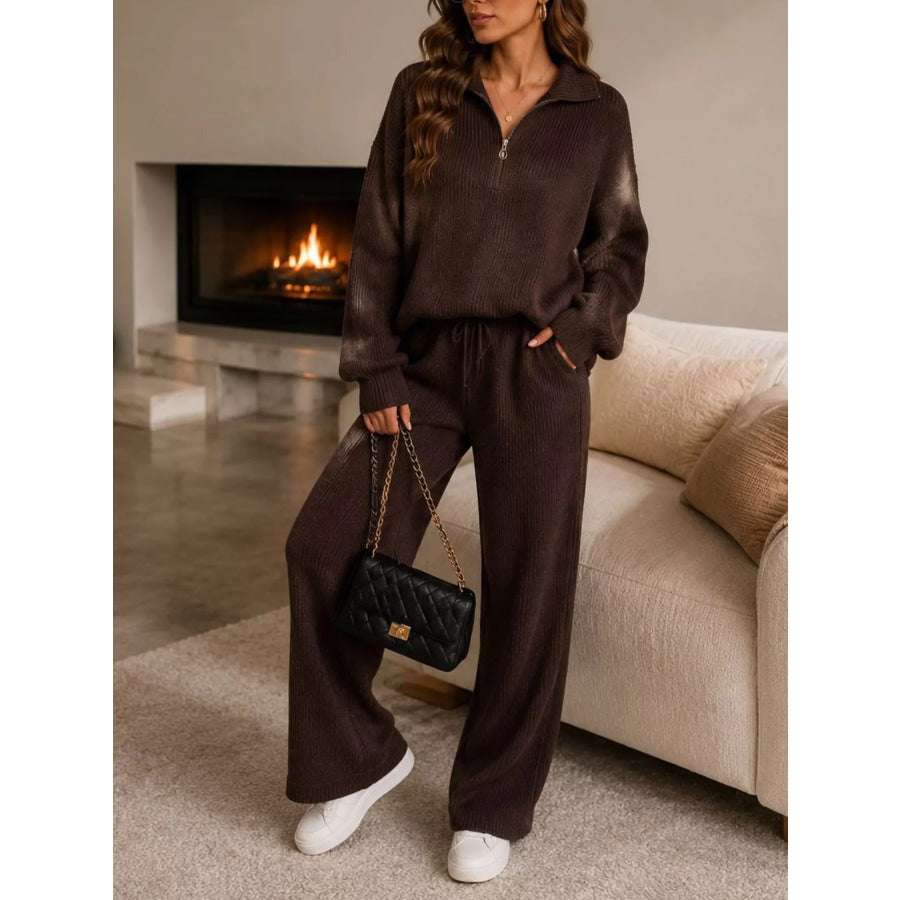 Cozy Ribbed Knit Quarter-Zip Top and Wide-Leg Set Brown / S