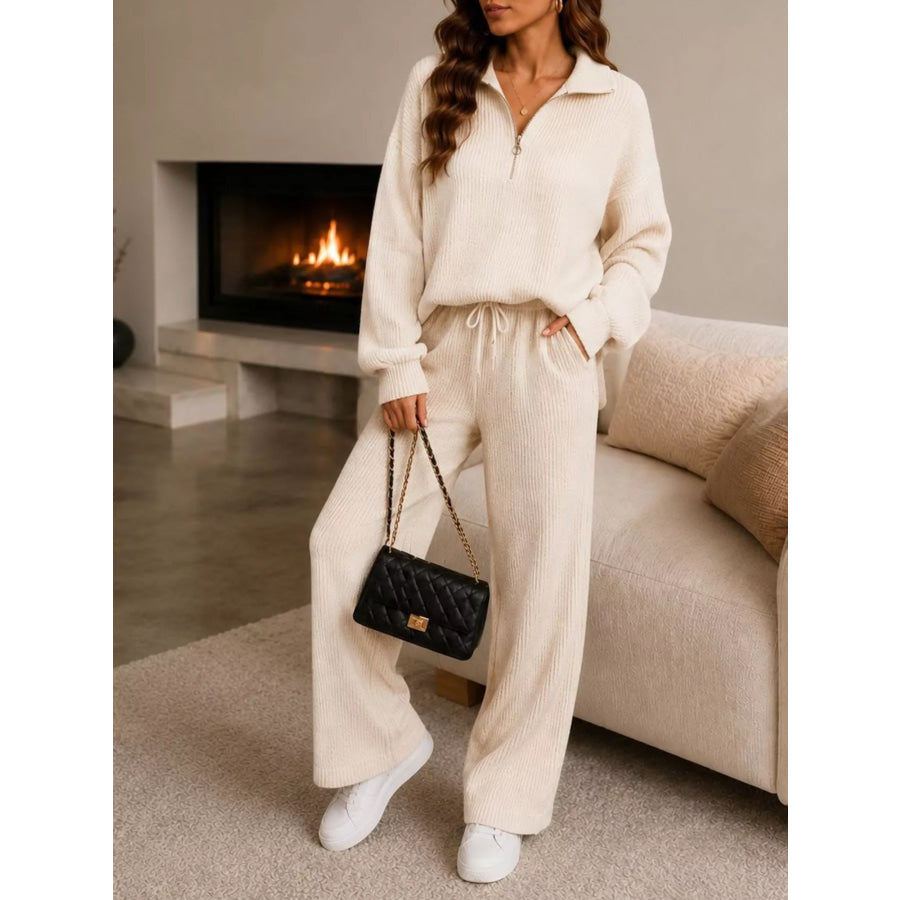 Cozy Ribbed Knit Quarter-Zip Top and Wide-Leg Set Cream / S