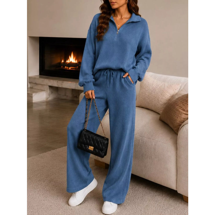 Cozy Ribbed Knit Quarter-Zip Top and Wide-Leg Set Dusty Blue / S