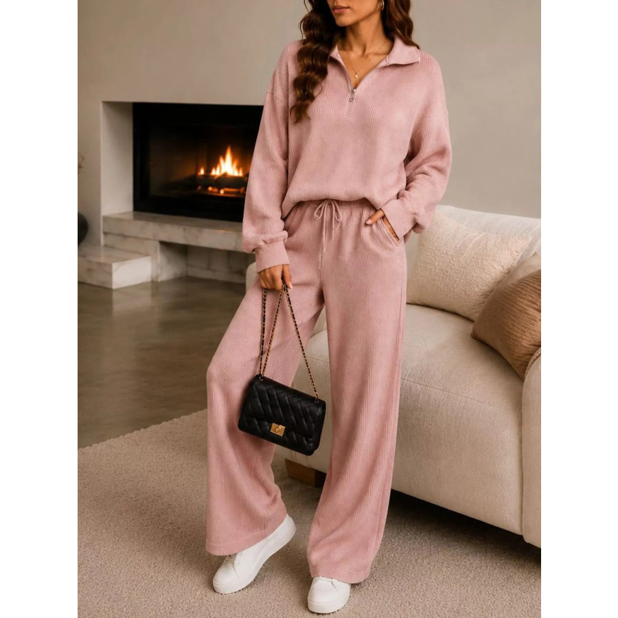 Cozy Ribbed Knit Quarter-Zip Top and Wide-Leg Set Dusty Pink / S