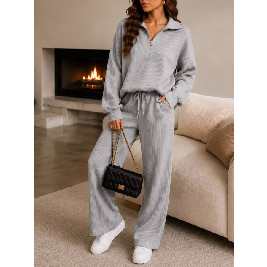Cozy Ribbed Knit Quarter-Zip Top and Wide-Leg Set Light Gray / S